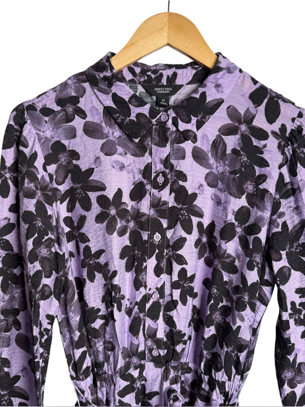 Simply Vera Vera Wang Mini Shirt Dress Size Medium Purple Floral Button Front - Picture 4 of 11
